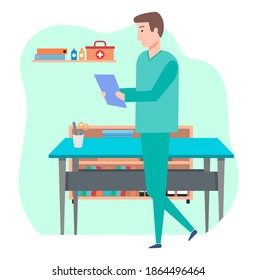 The doctor in the medical office holding test results in his hand. Health protection concept. Therapist male character in medical green clothes in the hospital examines patient survey flat design