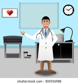 Doctor At Medical Office In The Hospital. Vector Illustration