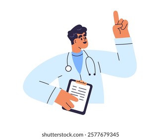 Doctor, medical professional consulting, speaking on health, pointing with finger. Physician, general practitioner with important advice. Flat vector illustration isolated on white background