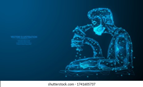 Doctor or medical professional in a medical mask analyzes the test under a microscope. Lab study, creating vaccine or medicine. Innovative medecine. 3d low poly wireframe isolated vector illustration.