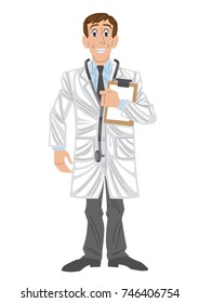 Doctor, medical professional, wearing white lab coat, with stethoscope and holding a medical report.