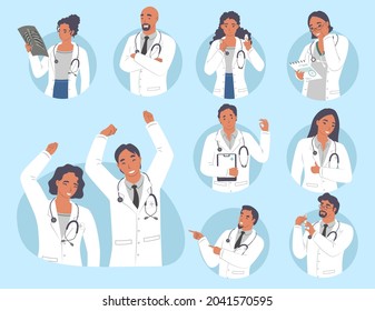 Doctor, medical professionals, male and female cartoon character set, flat vector isolated illustration. People showing different hand gestures expressing feelings and emotions.