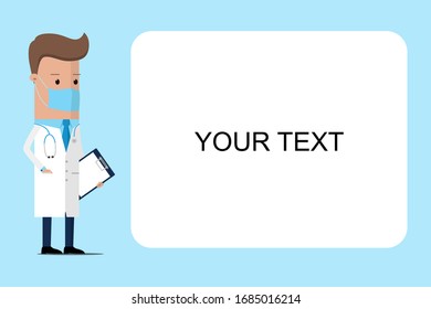 Doctor in medical protection mask with space for text. Male doctor in white lab coat with space for text. Vector illustration