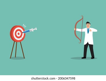 Doctor or medical research staff shooting vaccine syringe as arrow hitting bullseye target. COVID-19 vaccine discovery success concept.