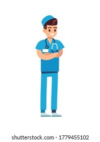 Doctor Medical Staff. Male Physician In Blue Uniform And Stethoscope, Pediatrician Or Nurse Standing And Smiling, Flat Vector Cartoon Isolated Character