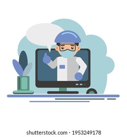 A doctor in a medical suit speaks from a computer screen. On-line translation. Simple cartoon illustration isolated on white background.