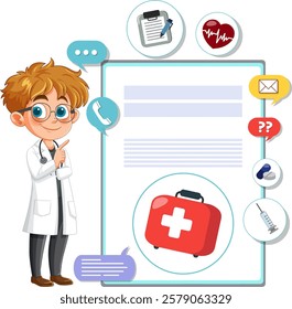 Doctor with medical symbols and communication tools