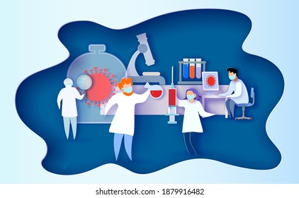 Doctor Medical Team Professionals Doing Vaccine Research Against Coronavirus COVID-19. Vector Illustration. Paper Cut And Craft Style.