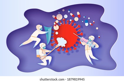 Doctor medical team professionals fighting with coronavirus pandemic COVID-19. Vector illustration. Paper cut and craft style.