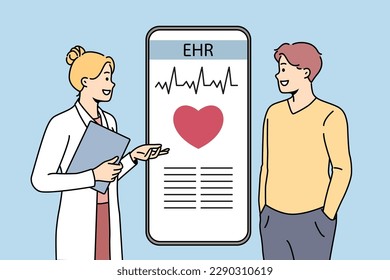 Ärztin in medizinischer Uniform konsultieren Patienten über EHR auf Handy-Bildschirm. Weibliche Kardiologen beraten den Menschen über Herzfrequenz und Herz-Kreislauf-Erkrankungen. Vektorgrafik. 