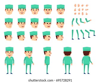 Doctor in medical uniform creation set. Various gestures, emotions, diverse poses, views. Create your own pose, animation. Flat style vector illustration