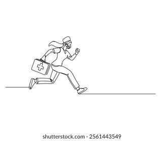 a doctor in medical uniform and face mask, running with a first aid kit Represents urgency and readiness in medical emergencies. Continuous line drawing design for health care illustration