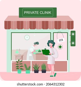 Doctor in medical uniform in hospital or laboratory. Woman doctor stands communicates with laptop near private clinic, lab assistant doing tests. Physicians diagnose illnesses and care for patient