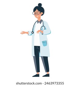 Doctor in medical uniform isolated on white background. Woman doctor. Healthcare, treatment and pharmacy concept. Vector illustration in flat cartoon style.