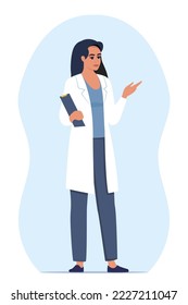 Doctor in medical uniform pointing and showing something with hand. Medicine worker woman explaining and presenting something. Vector flat illustration