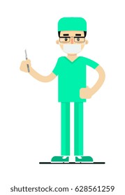 Doctor in medical uniform with scalpel vector illustration isolated on white background. Hospital staff character icon in flat design.