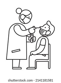 Doctor or medical worker taking a sample on a man with a nasal cotton swab. Pcr or antigen covid-19 coronavirus testing. Minimalist black and white line vector. Covid-19 testing icon.