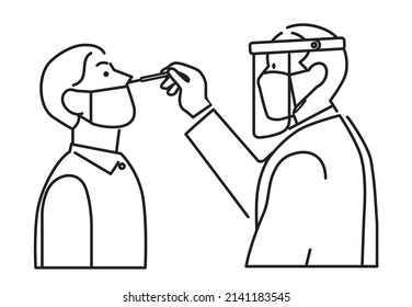 Doctor or medical worker taking a sample of a patient with a nasal cotton swab to test his positivity to coronavirus. Pcr or antigen testing icon line vector. Stylized line characters. 