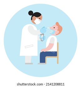 Doctor or medical worker taking a sample on a patient with cotton nasal swab to test his positivity to covid-19 or coronavirus. Flat vector icon with stylized characters. Pcr or antigen test.