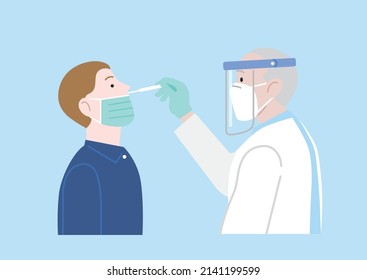 Doctor or medical worker wearing face mask taking a sample on a patient with a nasal swab to test his positivity to coronavirus or covid-19. Color flat vector illustration. Antigen or pcr testing.