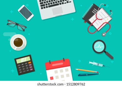 Doctor Or Medical Working Table Desk Top View Vector Copy Space, Flat Cartoon Lay Hospital Research, Clinic Office Workplace With Physician Instruments, Laptop Computer, Stethoscope, Medic Workspace