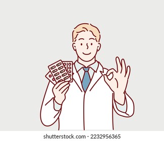 Doctor with medication. man doc holding pills showing ok-sign. Hand drawn style vector design illustrations.