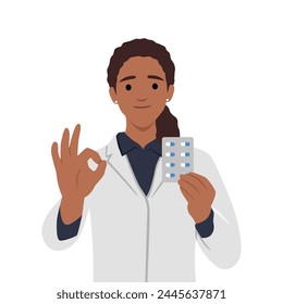 Doctor with medication. woman holding pills showing ok sign. Flat vector illustration isolated on white background