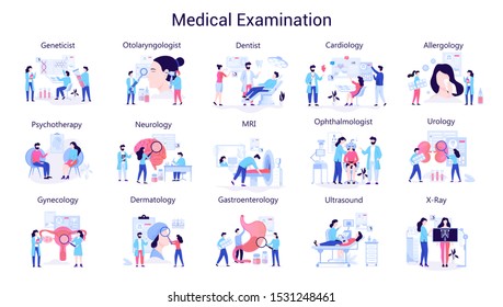 Doctor and medicine big set. Collection of medical examination. Ophthalmologist and physician, therapist and laboratory worker. Flat vector illustration