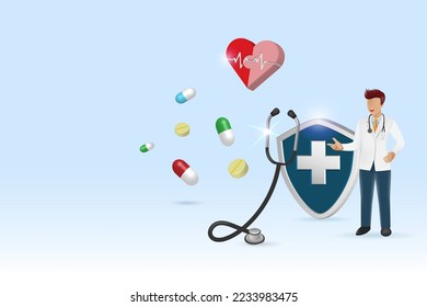 Doctor with medicine capsule pills, stethoscope and medical shield. Doctor diagnosis and pharmaceutical treatment to solve patient health problem. Medical business and health insurance concept 3D vect