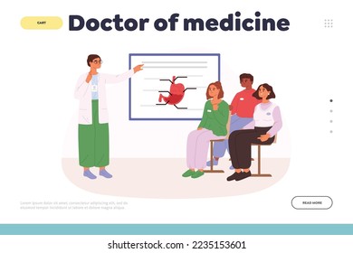 Doctor of medicine concept of landing page with medical school lecture. Professor or doctor at board student class teaching stomach anatomy, diseases treatment. Cartoon flat vector illustration