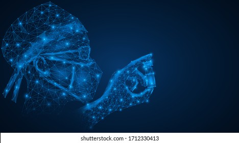 Doctor with medicine in hand. Prescribing medication to patients. A low-poly design consisting of lines and dots. Blue background. Free space for information.