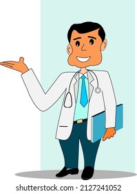 Doctor, medicine, health care concept, man smiling, therapist doctor in white shirt, uniform cartoon character, standing and showing welcome with fingers Medicare, therapist, pharmacist illustration