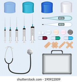 Doctor medicine healthcare case laboratory accessories set collection design background poster template vector illustration