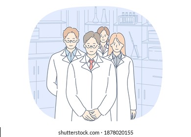 Doctor, medicine, healthcare concept. Group of young smiling people doctors in white uniform cartoon character standing together in team in medical clinic. Medicare, therapist, pharmacist