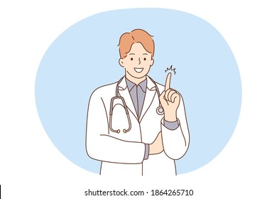 Doctor, medicine, healthcare concept. Young smiling man doctor therapist in white uniform cartoon character standing and showing having idea with finger. Medicare, therapist, pharmacist illustration