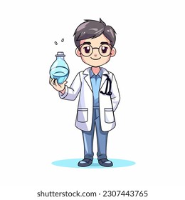 Doctor, medicine, healthcare concept. Young smiling general practitioner in white uniform cartoon character. Medicare, therapist, pharmacist illustration. Anime Doctor