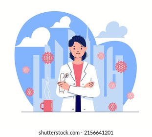 Doctor, medicine, healthcare. Young smiling general practitioner in white uniform holds stethoscope in his hands against backdrop of virus cells in city.