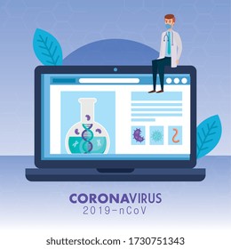 doctor with medicine online by test of covid 19 vector illustration design