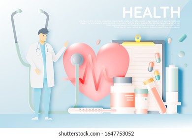 Doctor and medicine in pastel color scheme and paper art vector illustration