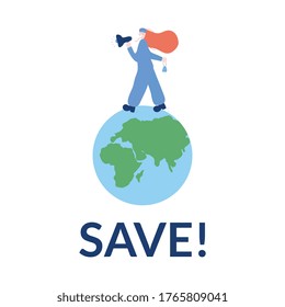 Doctor with a megaphone and a medical mask is walking on the planet Earth. Concept of health and victory over the virus.