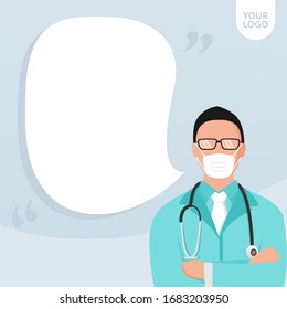 doctor memo. using uniform and face mask, stethoscope. say in quotes frames. text space. innovative note blank template.  medical tips, healthy tips, doctor tips. vector design editable text box.