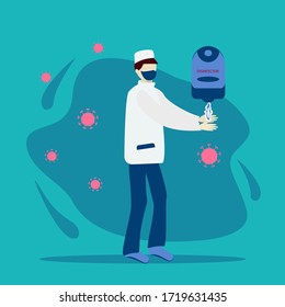 Doctor men disinfects hands.Concept wash your hands more often with disinfector. Vector illustration Corona virus Bacterial Cellular Icon on an isolated blue background.For banner,flyer,message
