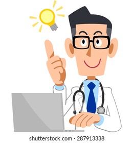 Doctor of men and laptop flash ideas