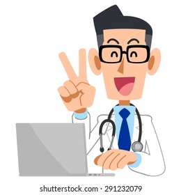 Doctor of men and notebook computer for Victory sign