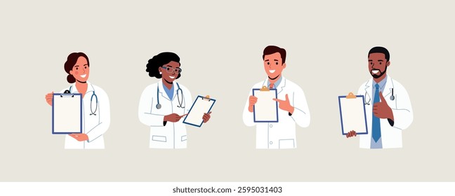 Doctor men and women showing clipboard in hands and advices use this copy space. Vector flat style cartoon illustration