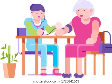 Doctor messure elderly patient blood pressure in hospital, vector illustration. Cartoon old people health care, heart illness. Woman nurse use special measurement equipment, check blood pressure.