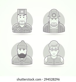 Doctor, mines worker, lumberjack, teacher icons. Avatar and person illustrations. Flat black and white outlined style.
