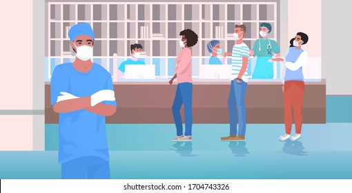 doctor and mix race patients wearing face masks to prevent coronavirus pandemic people standing at hospital reception desk clinic interior horizontal vector illustration