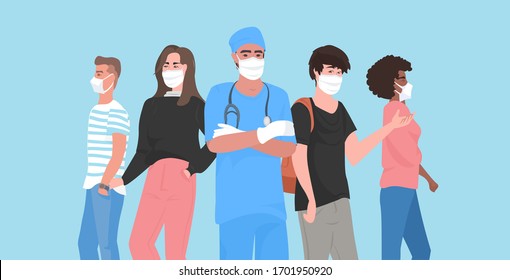 doctor and mix race people wearing face masks to prevent coronavirus covid-19 pandemic horizontal portrait vector illustration