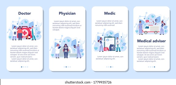 Banner-Set für mobile Applikationen von Doctor. Gesundheitswesen, moderne Medizin, Fachwissen, Diagnostik. Medizinischer Spezialist für die Uniform. Medizinische Behandlung und Genesung. Einzelne Vektorgrafik